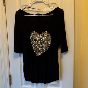 INC International Concepts Black Top with Gold Sequin Heart